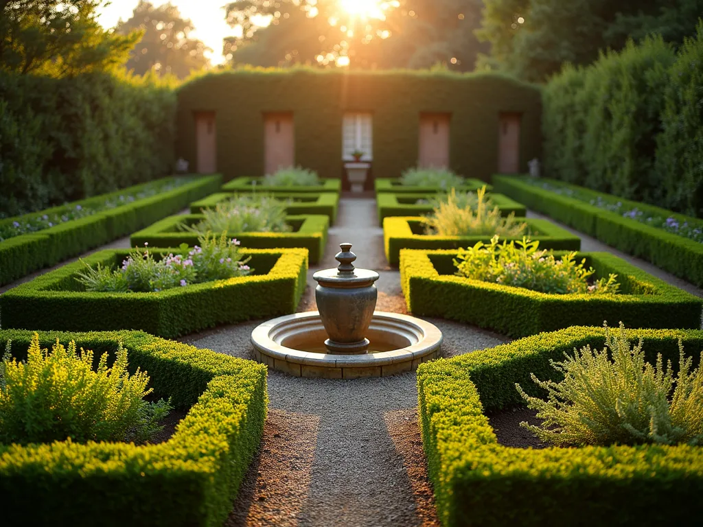 Classical Italian Herb Parterre at Sunset - A perfectly symmetrical formal herb garden photographed at golden hour, featuring meticulously trimmed boxwood hedges forming an intricate geometric pattern. The low-angled sunlight casts long shadows across the garden, highlighting the texture of Mediterranean herbs. In the center, four square beds are bordered by neat boxwood edges, each filled with lush groups of basil, oregano, and flowering thyme. A weathered terra cotta fountain serves as the focal point, while gravel pathways separate the garden sections. Captured with a wide-angle lens at f/2.8, creating a dreamy depth of field that emphasizes the classical Italian garden design. The warm evening light bathes the scene in golden hues, making the herbs' foliage glow and highlighting the formal geometric patterns of this traditional kitchen garden.