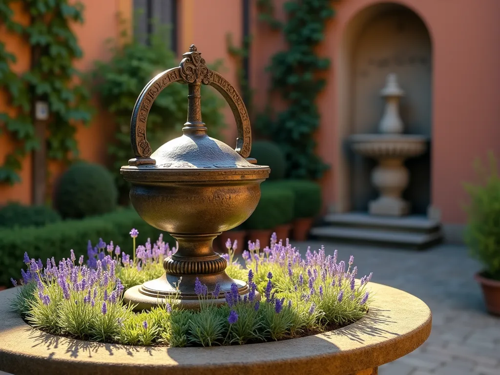 Classical Italian Sundial Garden Feature - A close-up shot of an ornate bronze sundial mounted on an aged stone pedestal in an Italian courtyard garden, bathed in late afternoon golden sunlight. The sundial is surrounded by a circular bed of flowering lavender, creeping thyme, and compact rosemary bushes. The Mediterranean herbs create a soft purple and green carpet around the weathered pedestal. The background features a terracotta wall with climbing ivy and a partial view of a classical stone fountain, creating depth and context. The scene is captured from a slightly low angle to emphasize the sundial's grandeur, with natural lens flare highlighting the metalwork's patina.