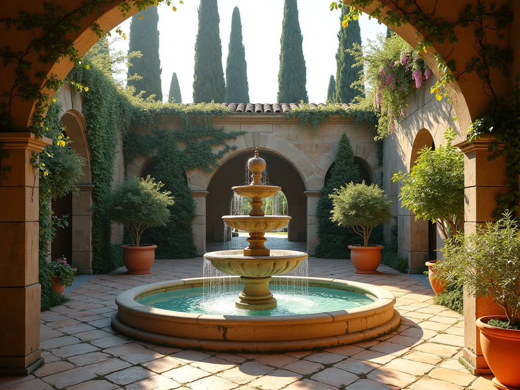 Elegant Italian Tiered Fountain Courtyard - A serene late afternoon scene of a luxurious Italian courtyard garden featuring a majestic three-tiered stone fountain as its centerpiece, photographed from a wide angle. The ornate fountain, crafted from weathered limestone, cascades crystal-clear water creating gentle ripples. Terracotta pots filled with blooming citrus trees frame the fountain symmetrically, while delicate climbing vines of jasmine and wisteria gracefully adorn the surrounding aged stone walls. Mediterranean cypress trees stand tall in the background, their silhouettes dramatic against the warm golden light. The courtyard floor features a geometric pattern of antique terracotta tiles interspersed with moss, adding to the timeless Italian charm. Dappled sunlight filters through the climbing foliage, creating an enchanting play of light and shadow across the scene. Photorealistic, high detail, architectural photography style.