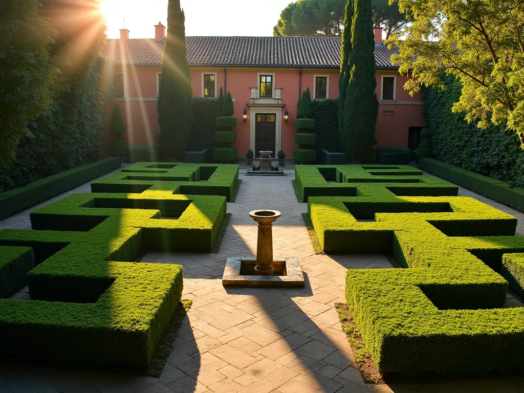 Geometric Boxwood Garden Rooms - A late afternoon sunlit Italian courtyard garden featuring meticulously manicured boxwood hedges arranged in symmetric geometric patterns, creating intimate garden rooms. Shot at f/2.8 with a wide-angle 16mm lens, capturing the dramatic interplay of light and shadow across the formal hedging. The hedges, standing at varying heights, form a series of interconnected squares and rectangles, with classic terracotta pathways weaving between them. A central stone fountain serves as a focal point, while Mediterranean cypress trees provide vertical accent in the background. The warm golden hour light casts long shadows across the structured green spaces, highlighting the precise angles and clean lines of the boxwood formations. The composition showcases both the architectural precision of formal Italian garden design and the timeless elegance of boxwood parterre.