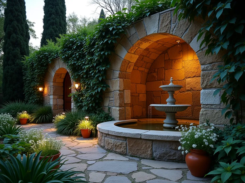 Hidden Italian Grotto Garden Retreat - Intimate evening photograph of a hidden garden grotto, captured with a wide-angle 16-35mm lens at f/2.8, ISO 400. Weathered natural limestone walls curve to form a cozy alcove, with ivy and ferns cascading down the textured surfaces. A classical tiered fountain serves as the centerpiece, its gentle water flow creating subtle reflections in the twilight. Soft uplighting illuminates the grotto's rustic stone textures, while Mediterranean cypress trees frame the scene. The foreground features a carpet of shade-tolerant hostas and Japanese forest grass, their leaves catching the last golden rays of sunset. Scattered terracotta pots filled with white flowering jasmine add authentic Italian charm. Small LED path lights create a magical atmosphere, with dappled shadows dancing on the natural stone pavement.