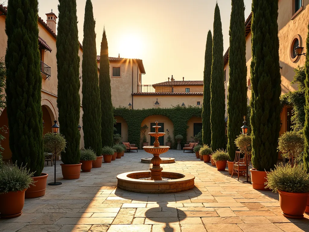 Elegant Italian Courtyard with Cypress Trees at Sunset - A stunning Italian courtyard garden at golden hour, featuring majestic Italian cypress trees creating dramatic vertical lines against a warm sunset sky. The cypress trees frame a rustic stone pathway leading to an ornate stone fountain. Terracotta pots filled with Mediterranean herbs line the pathway. The courtyard is enclosed by weathered stucco walls in warm beige tones, with climbing vines adding texture. Wrought iron garden furniture and copper lanterns add authentic Mediterranean charm. The composition is captured in a wide-angle perspective, emphasizing the height and architectural impact of the cypress trees, with dramatic shadows casting beautiful patterns across the travertine paved courtyard.