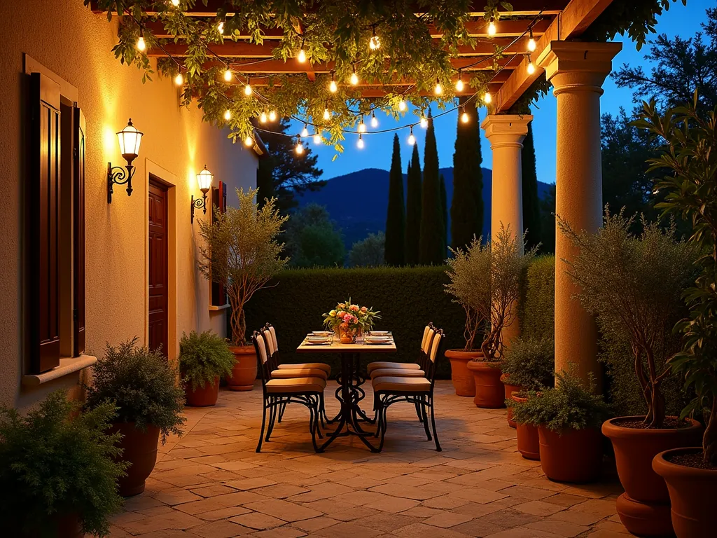 Italian Courtyard Evening Illumination - A twilight DSLR photograph of an intimate Italian courtyard garden, captured with a wide-angle lens at f/8. Warm LED string lights elegantly drape between rustic stone columns, creating a romantic canopy overhead. Ancient olive trees are dramatically up-lit, casting artistic shadows on textured stucco walls. Copper path lights illuminate a winding mosaic pathway, while terracotta pots filled with blooming jasmine and citrus trees glow softly in the evening light. A wrought iron dining set sits beneath the illuminated canopy, surrounded by Mediterranean cypress trees silhouetted against the deep blue dusk sky. The scene captures the enchanting interplay of natural and artificial lighting in a classical Italian garden setting.