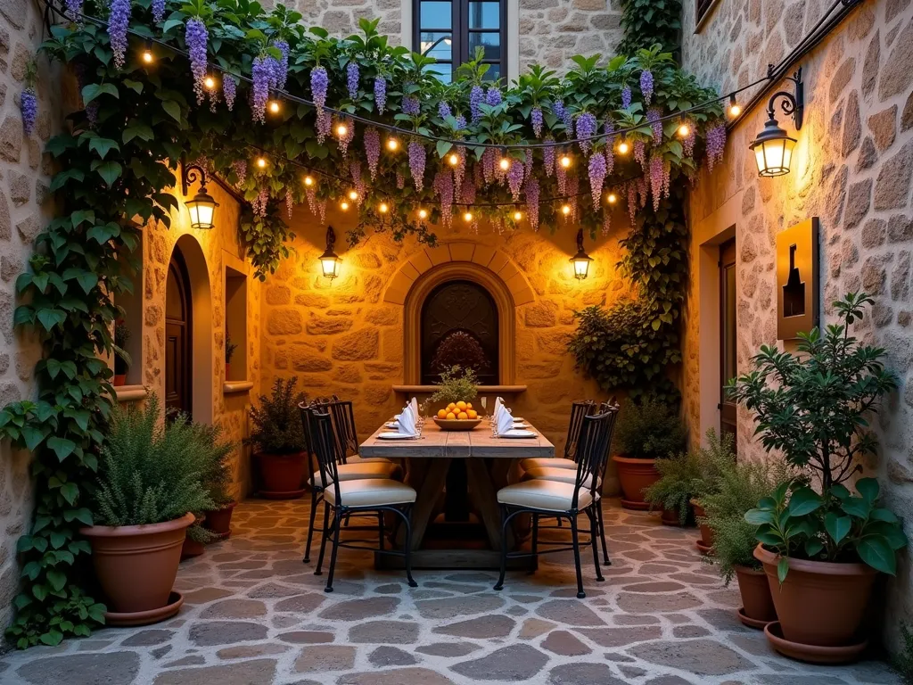 Italian Courtyard Intimate Dining Alcove at Dusk - Wide-angle, atmospheric photograph of an intimate Italian courtyard dining alcove at dusk, shot with a 16-35mm lens at f/2.8, ISO 400. Weathered stone walls create a cozy U-shaped nook adorned with cascading Mediterranean jasmine and purple wisteria vines. A rustic wooden farmhouse table centers the space, surrounded by elegant wrought iron chairs with cream cushions. Vintage-style string lights crisscross overhead, casting a warm golden glow across the textured stone walls. Terra cotta potted herbs and citrus trees frame the corners. The cobblestone flooring features scattered Mediterranean patterns, while an antique iron wall fountain provides gentle ambiance. The scene captures the romantic essence of alfresco dining in Tuscany.