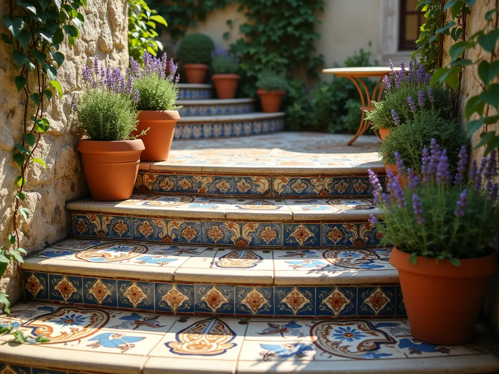 Italian Courtyard Garden Mosaic Steps - Close-up shot of elegant curved garden steps adorned with intricate Mediterranean-inspired mosaic tiles in rich blues, terracotta, and gold tones, leading to a charming Italian courtyard garden. The steps are flanked by terracotta pots filled with blooming lavender and rosemary. Soft late afternoon sunlight casts gentle shadows across the detailed tile work, highlighting the handcrafted patterns featuring classic Italian motifs. Trailing ivy cascades over an aged stone wall beside the steps, while a small mosaic-topped bistro table visible in the background completes the authentic Italian garden atmosphere.