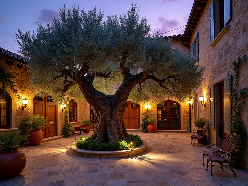 Italian Courtyard Olive Tree at Dusk - A stunning DSLR capture of an ancient olive tree as the focal point in an Italian courtyard garden at dusk, shot with a wide-angle lens. The gnarled, sculptural trunk and silver-green foliage are dramatically illuminated by warm copper uplighting, casting artistic shadows across textured limestone pavers. Terracotta pots with Mediterranean herbs surround the base, while climbing jasmine adorns nearby weathered stone walls. The composition captures the tree's majestic silhouette against a deep purple twilight sky, with subtle string lights twinkling in the background. The natural stone courtyard creates an intimate Mediterranean atmosphere, with wrought iron garden furniture adding authentic character. Professional photography settings: f/8, ISO 100, 1/125 sec