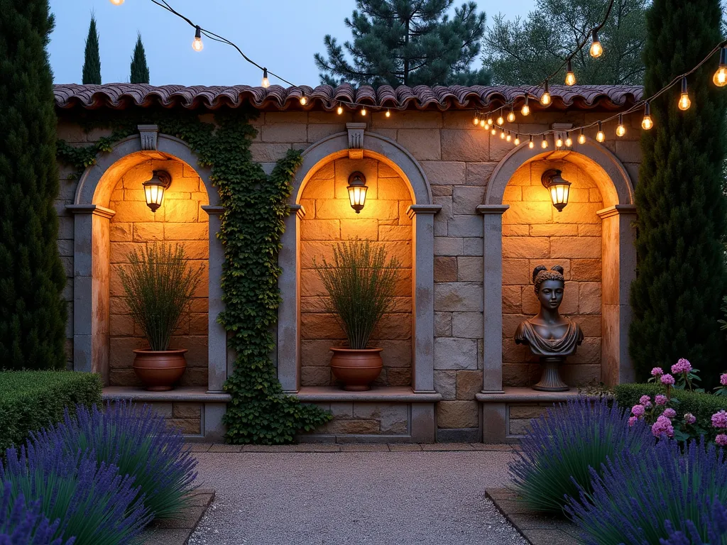 Rustic Italian Stone Wall with Illuminated Niches - A twilight scene of a weathered Tuscan stone wall with three elegant arched niches, set in a Mediterranean garden. The wall features antique limestone blocks with climbing ivy and vintage patina. Each niche is softly illuminated by wrought iron lanterns, showcasing classical bronze statuary, terracotta pots with cascading rosemary, and blooming bougainvillea. The foreground features a gravel path lined with lavender and cypress trees, while string lights draped above create a magical ambiance. Shot from a medium-wide angle to capture both the architectural detail and surrounding garden atmosphere.