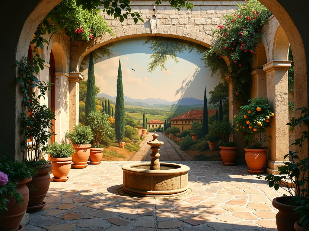 Italian Courtyard Trompe L'oeil Garden Mural - A stunning DSLR wide-angle photograph of an intimate Italian courtyard garden at golden hour, featuring a masterfully painted trompe l'oeil mural covering an entire stone wall. The mural depicts a classical Tuscan landscape with cypress trees, distant rolling hills, and an ancient villa, creating a seamless illusion of depth. Mediterranean terracotta pots filled with blooming bougainvillea and citrus trees frame the scene, while climbing jasmine adorns weathered stone columns. A rustic stone fountain gently trickles in the foreground, with dappled sunlight casting intricate shadows across the aged cobblestone paving. The perspective perfectly captures how the mural extends the garden space, shot at f/8 for optimal depth of field, highlighting the artistic detail and dimensional illusion of the painted scene.