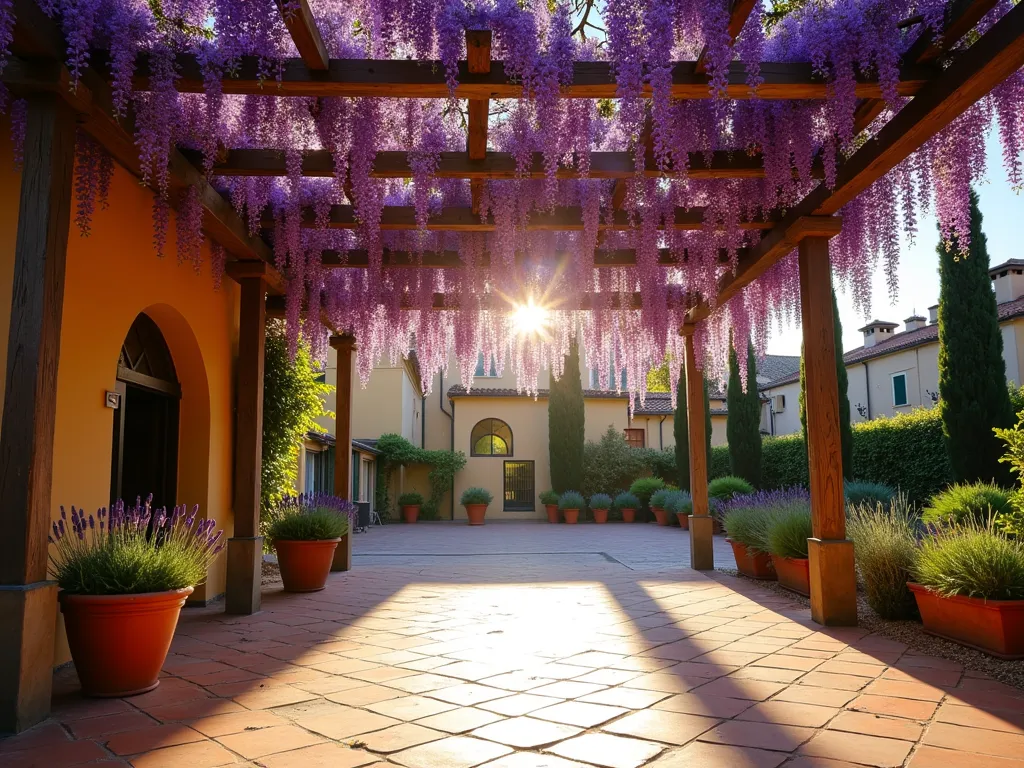 Romantic Italian Pergola with Blooming Wisteria - A late afternoon sunlit Italian courtyard featuring a rustic wooden pergola completely draped in cascading purple wisteria blooms. The pergola's weathered timber beams create geometric shadows on the terracotta-tiled patio below, while dappled golden light filters through the flowering canopy. Mediterranean terracotta pots with lavender and rosemary line the base of the wooden posts. The scene is captured from a wide angle, showing the pergola as a focal point with classic Italian cypress trees in the background and climbing roses along adjacent courtyard walls. The atmosphere is romantic and serene, with some falling wisteria petals caught in the warm evening light.