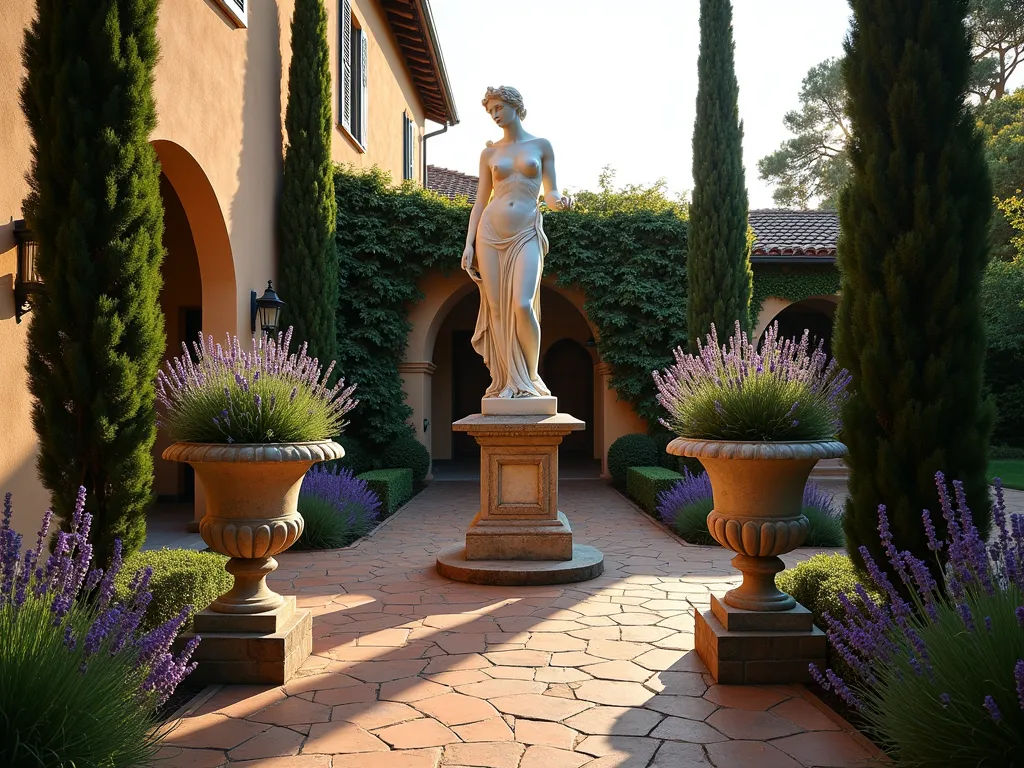 Italian Garden Classical Sculpture at Dusk - A serene Italian courtyard garden at dusk, featuring a magnificent life-sized classical marble statue of Venus positioned as the focal point, surrounded by meticulously trimmed cypress trees and blooming lavender. The statue stands on an ornate pedestal, flanked by two weathered stone urns overflowing with cascading rosemary. Warm evening light casts long shadows across the terracotta-tiled patio, while a nearby antique limestone fountain provides subtle ambient sound. Climbing roses adorn the rustic stucco walls, and carefully placed garden lights illuminate the statue and architectural elements. Shot with a wide-angle lens to capture the full courtyard atmosphere, with the statue commanding attention in the golden hour light. Professional DSLR photography, f/8, ISO 100, 1/125, creating a sharp, detailed image with perfect depth of field.