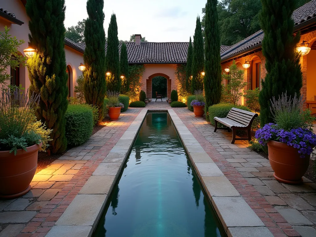 Elegant Italian Stone Water Channel at Dusk - A captivating wide-angle photograph of an Italian courtyard garden at dusk, featuring a beautifully crafted narrow stone water channel running through the center. The channel, made of aged limestone, extends gracefully through the space, with crystal-clear water flowing gently. Illuminated by warm garden lights, the water reflects the golden hour sky. On either side of the channel, manicured Italian cypress trees stand sentinel, while Mediterranean herbs like rosemary and lavender spill over the edges. Ornate terracotta pots filled with trailing geraniums add splashes of color. The surrounding paving features a mix of weathered travertine and reclaimed brick, creating a authentic Mediterranean atmosphere. A rustic wooden bench sits at the far end, creating a perfect viewing spot. Shot with a 16-35mm lens at f/2.8, ISO 400, capturing the interplay of fading natural light and subtle garden illumination.