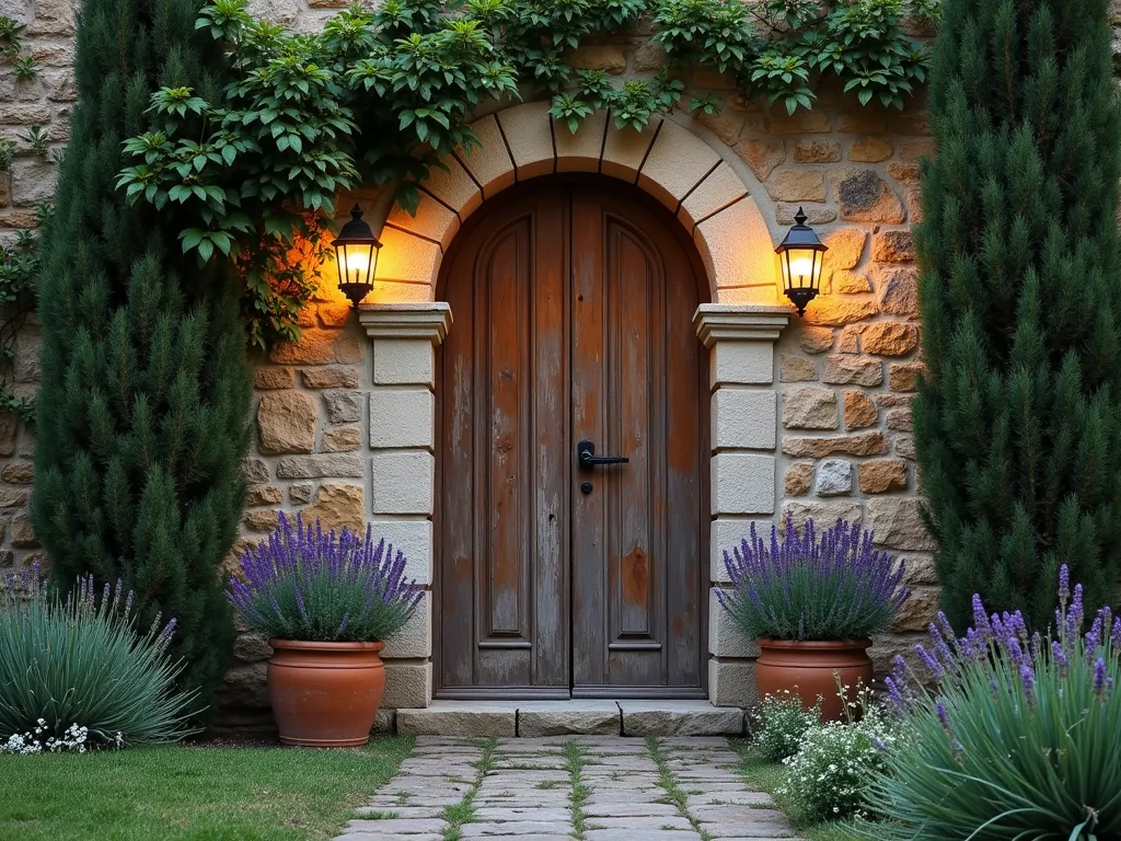 Enchanting Italian Secret Garden Door at Dusk - A mystical and romantic scene of a weathered wooden arched door set within an ancient stone wall covered in climbing Mediterranean jasmine and aged ivy. The door is partially open, revealing glimpses of a lush Italian garden beyond. Shot at dusk with warm, golden light filtering through cypress trees, casting intricate shadows on the textured stone wall. Terracotta pots with lavender and rosemary flank the entrance, while vintage brass lanterns mounted on either side cast a gentle glow. The stone path leading to the door is lined with creeping thyme and small white daisies growing between the cobblestones. Photographed with a wide-angle lens at f/2.8, creating a dreamy depth of field that emphasizes the door's mysterious allure while softly blurring the surrounding foliage.