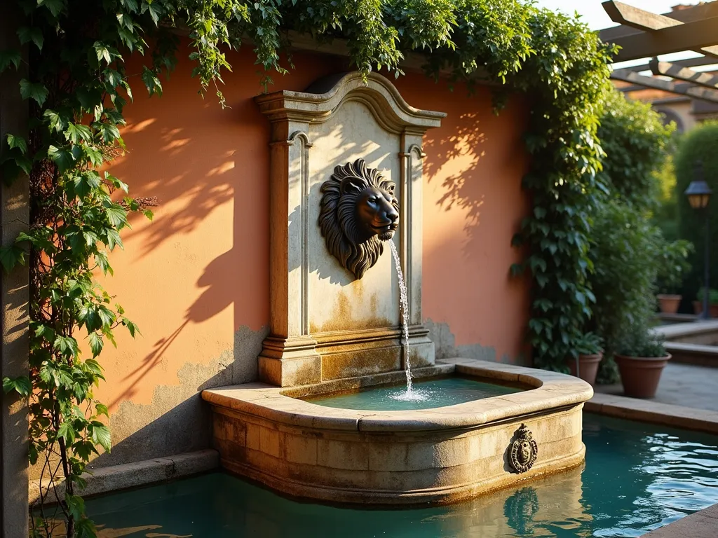 Italian Stone Wall Fountain with Lion Head - A weathered limestone wall fountain with an ornate bronze lion head spout, captured during golden hour. The fountain is set against a textured terracotta wall draped with cascading Mediterranean jasmine and mature climbing ivy. Crystal-clear water trickles into an aged stone basin adorned with classical Roman motifs. Shot from a medium-low angle to emphasize the grandeur, with dappled sunlight filtering through overhead pergola creating atmospheric lighting. Professional DSLR photograph with f/8 aperture capturing rich details in the carved stonework and water droplets, ISO 100, wide-angle lens at 24mm, natural evening lighting.