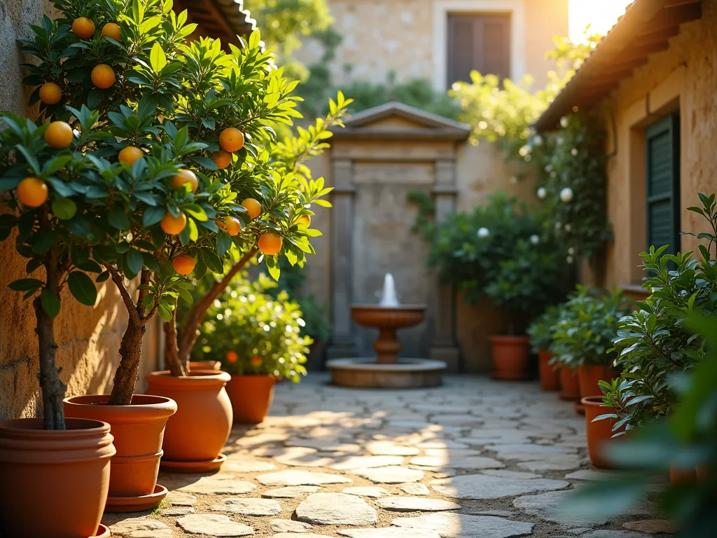 Sunlit Mediterranean Citrus Grove - A serene Italian courtyard garden at golden hour, featuring an intimate arrangement of potted dwarf citrus trees. Terracotta containers housing flourishing lemon, lime, and orange trees line a rustic stone pathway. The late afternoon sun casts warm shadows through the glossy leaves, highlighting the vibrant fruits and delicate white blossoms. A weathered stone fountain serves as the centerpiece, surrounded by Mediterranean cypress and climbing jasmine on antique wrought iron trellises. Shot with depth of field focusing on the citrus grove, with the ancient stone walls softly blurred in the background, creating a dreamy Tuscan atmosphere. 16-35mm lens capturing the scene with rich colors and natural lighting.