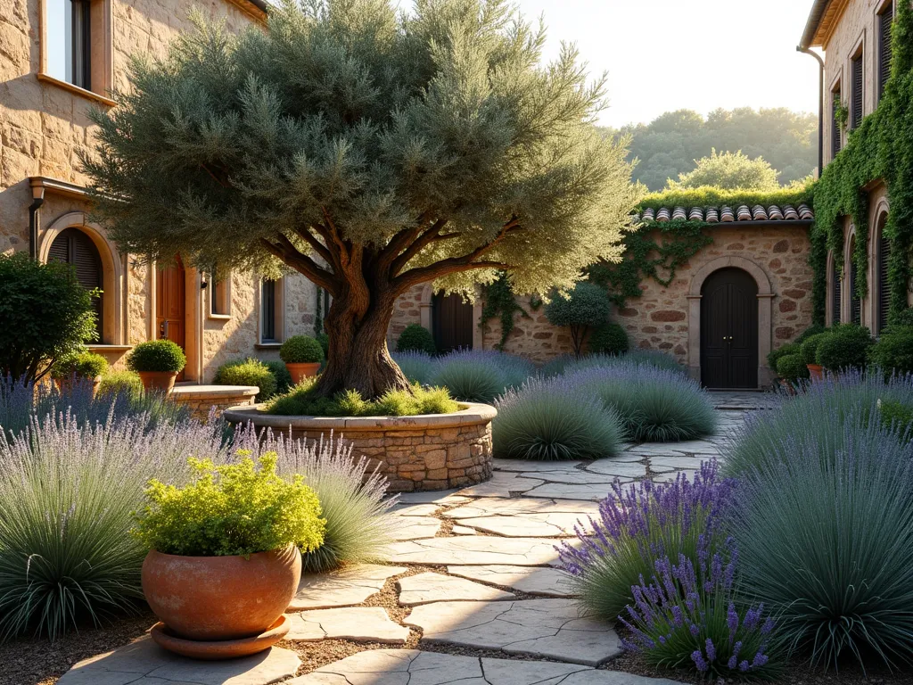 Mediterranean Garden Haven with Olive Trees and Lavender - A sun-drenched Italian courtyard garden at golden hour, featuring a majestic ancient olive tree as the centerpiece, surrounded by sweeping waves of purple lavender and silver-green rosemary bushes. Ornamental grasses sway gently in the background, creating a soft, textural contrast. The garden is framed by weathered terracotta pots filled with cascading Mediterranean herbs. Natural stone pavers create winding pathways through the drought-resistant plants, while a rustic stone wall covered in climbing vines provides a authentic backdrop. The warm evening light casts long shadows across the textured plantings, highlighting the silvery foliage and creating a romantic, Tuscan atmosphere. Photorealistic, high detail, botanical accuracy, 4K.