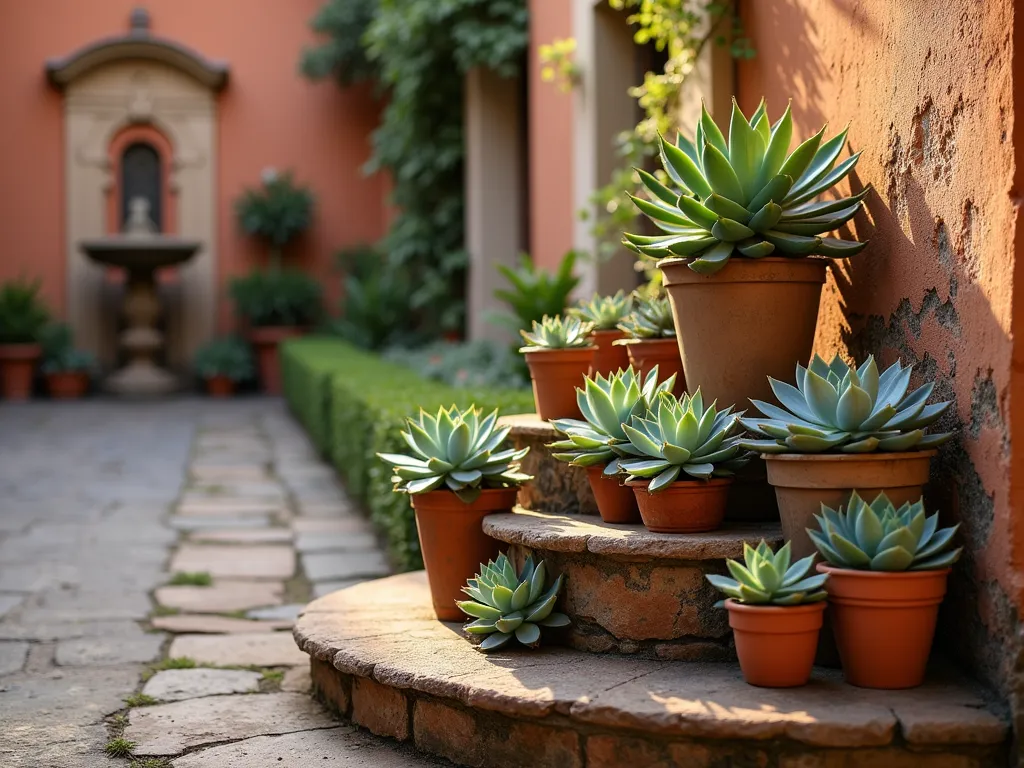 Mediterranean Succulent Garden Display - Close-up shot of an elegant Italian courtyard corner at golden hour, featuring a curated collection of architectural succulents in weathered terra cotta pots. The pots, arranged in a cascading formation on rustic stone steps, showcase Echeveria, Agave, and Sempervivum varieties in varying sizes. Warm sunlight filters through, casting long shadows across textured terracotta walls, while a small antique fountain provides a classic Mediterranean backdrop. Shot with shallow depth of field highlighting the geometric patterns and subtle blue-green hues of the succulents against the warm earth tones. Professional photograph captured with a digital camera, 35mm lens, f/2.8, ISO 400.