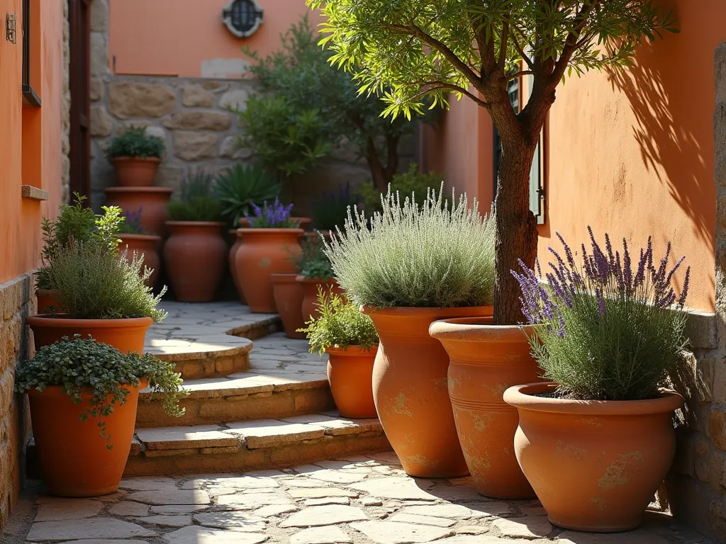 Mediterranean Terracotta Garden Display - A sun-drenched Italian courtyard corner at golden hour, featuring an artfully arranged collection of weathered terracotta pots in varying sizes from small herbs to large statement pieces. The pots are grouped asymmetrically on rustic stone steps, containing mature rosemary cascading over edges, tall silvery lavender in full bloom, and a gnarled olive tree as centerpiece. Warm evening light casts long shadows across textured terracotta surfaces, while a distressed ochre stucco wall provides an authentic Mediterranean backdrop. Shot at f/8 with golden sunlight highlighting the clay vessels' natural patina, capturing the depth and warmth of the traditional Italian garden aesthetic. Strong diagonal lines lead the eye through the composition, with some pots featuring traditional Tuscan designs and architectural details visible in the background.