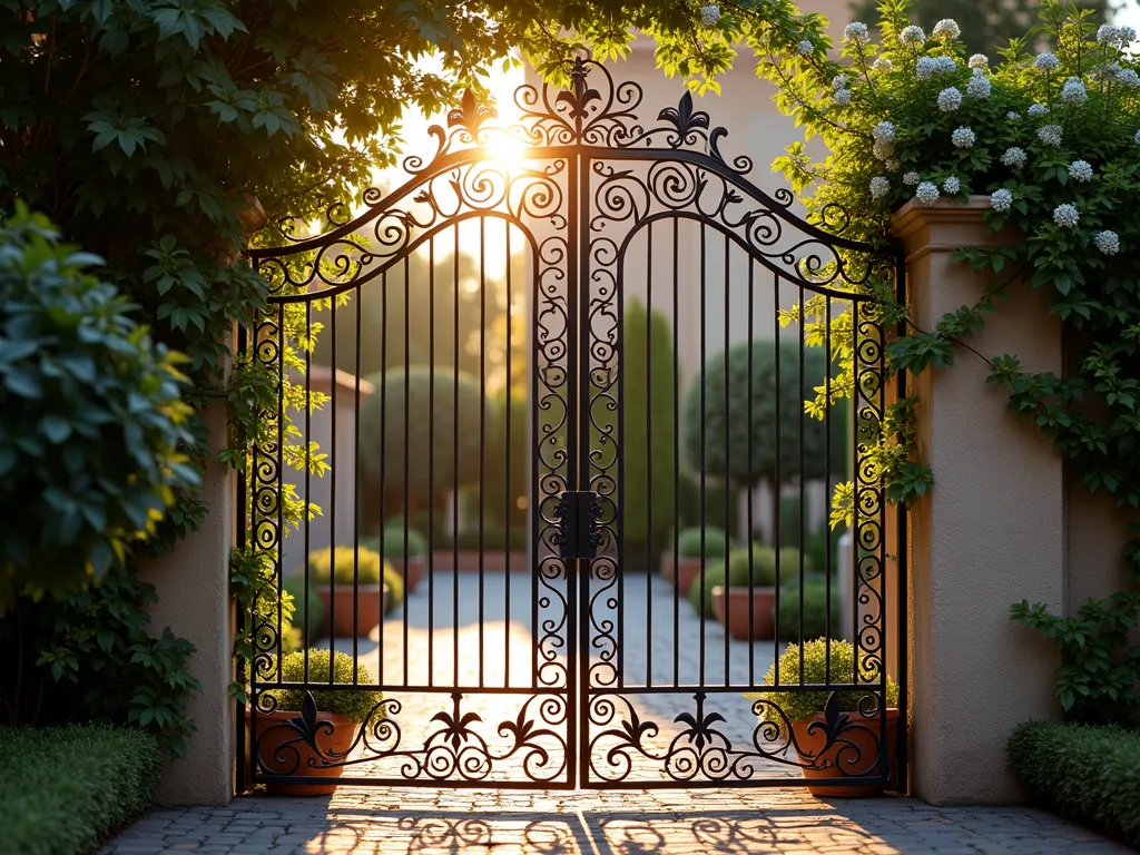 Ornate Italian Courtyard Iron Gate at Sunset - A stunning ornate wrought iron garden gate with intricate scrollwork and classical Roman motifs, photographed during golden hour. The 8-foot tall black iron gate features elaborate vine patterns and fleur-de-lis details, partially covered with climbing white jasmine. Behind the gate, a cobblestone pathway leads to a Mediterranean-style courtyard garden with cypress trees and terracotta planters. Warm evening sunlight filters through the ironwork creating dramatic shadows on the weathered stone walls. Shot with shallow depth of field focusing on the detailed metalwork, with soft bokeh effects in the background garden. 16mm wide-angle perspective captures the full grandeur of the gate within its architectural setting.