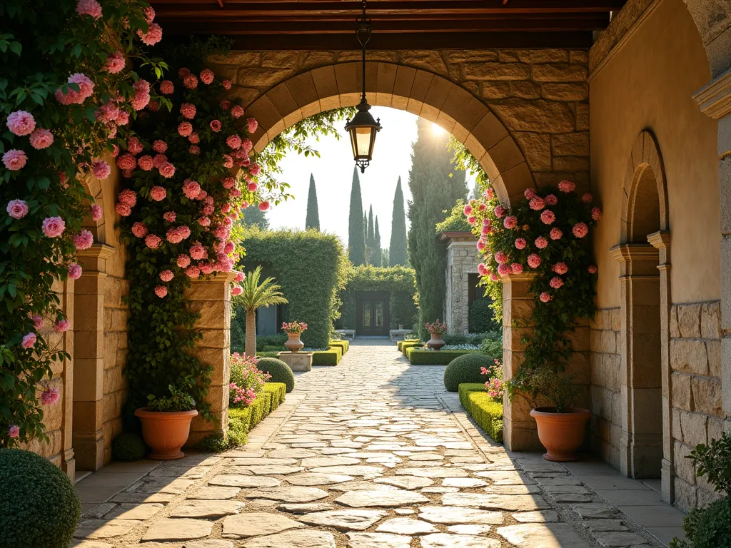 Romantic Italian Villa Archway - A stunning wide-angle shot of a weathered stone archway in an Italian courtyard garden at golden hour, covered in cascading pink climbing roses and white flowering jasmine. Dappled sunlight filters through the foliage, creating enchanting light patterns on the aged stone pathway below. The archway frames a view of a tranquil Mediterranean garden beyond, with cypress trees and terracotta planters visible in the distance. Ancient stone walls covered in creeping vines flank the archway, and vintage wrought iron lanterns hang delicately from the arch's apex. The scene captures the romantic, timeless essence of Italian garden design with rich textures and natural elements.