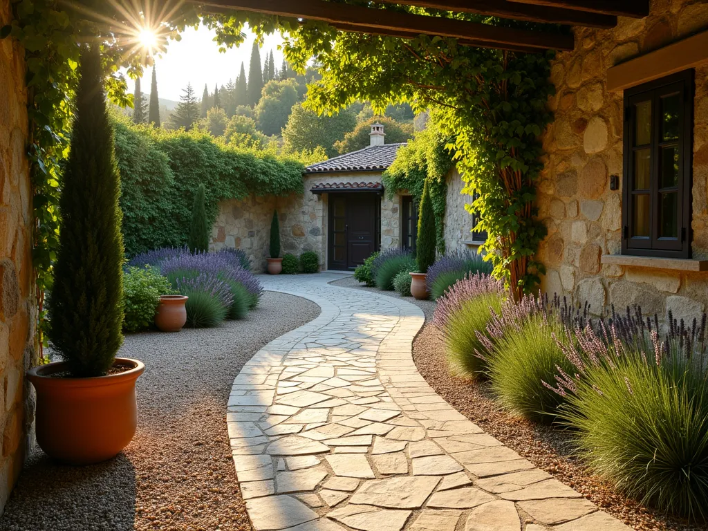 Rustic Italian Gravel Garden Path - A winding Mediterranean garden pathway at golden hour, featuring weathered crushed limestone gravel bordered by irregular antique travertine pavers. Soft evening light casts long shadows across the textured surface, while potted cypress trees and blooming lavender line the edges. The path curves gracefully through the space, with aged terracotta planters and climbing ivy-covered stone walls visible in the background. The wide-angle perspective captures the natural flow of the pathway as it meanders through the garden, creating an authentic Italian countryside ambiance with dappled sunlight filtering through overhead pergola beams.