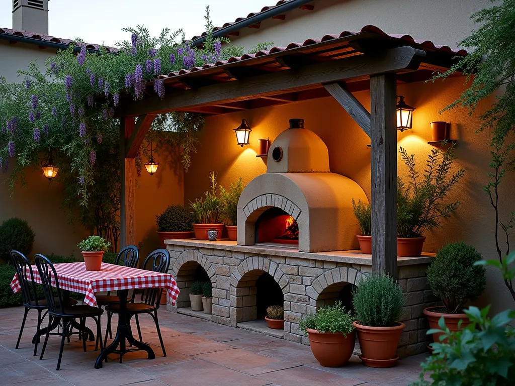 Rustic Italian Stone Pizza Oven in Mediterranean Garden - A stunning dusk photograph of a rustic stone pizza oven nestled in a Mediterranean-style courtyard garden. The handcrafted oven features weathered natural stones and a terra cotta dome, with wisps of smoke emerging from the chimney. Surrounding the oven is a thoughtfully designed outdoor kitchen space with reclaimed wooden pergola overhead. Terracotta pots filled with fresh rosemary, basil, and oregano line rustic wooden shelving beside the oven. A vintage wooden dining table with iron chairs sits nearby, draped with a classic red and white checkered tablecloth. Climbing jasmine and wisteria adorn the pergola, while soft landscape lighting creates a warm, inviting ambiance. The wide-angle composition captures the entire cooking and dining area, with the pizza oven as the focal point, photographed during the golden hour for maximum atmospheric effect.