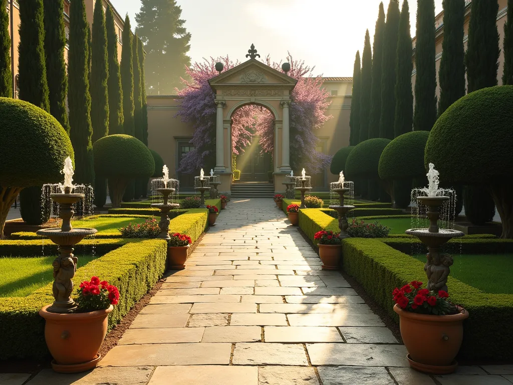 Symmetrical Italian Courtyard Garden at Dawn - A perfectly symmetrical Italian courtyard garden photographed at dawn with soft, golden light. Wide-angle shot showcasing a limestone-paved central pathway flanked by identical rows of perfectly manicured Italian cypress trees and meticulously trimmed boxwood hedges. Twin classical fountains with cherub statues mirror each other on both sides, while matching terracotta pots filled with blooming red geraniums create rhythmic points of interest. The path leads to an ornate stone pergola covered in flowering wisteria. Captured with morning mist adding atmosphere, f/2.8 creates a dreamy depth of field while maintaining sharp detail in the geometric patterns. The symmetrical design is emphasized by the dramatic perspective of the 16-35mm lens.