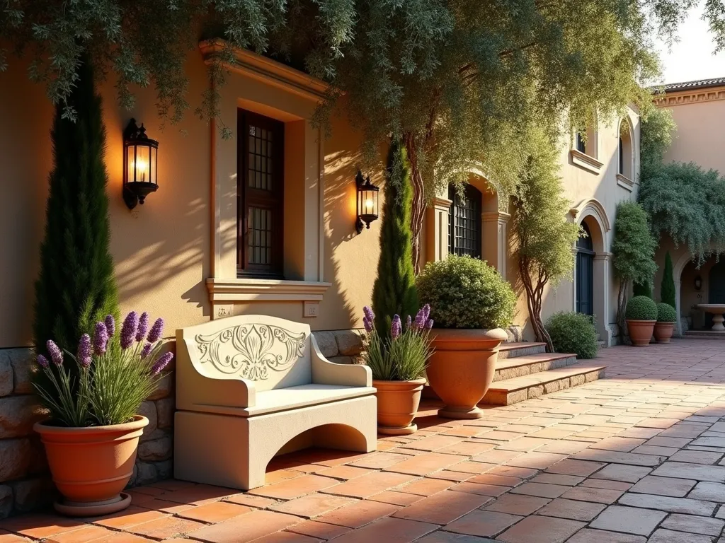 Tuscan Stone Bench in Italian Courtyard - A serene evening scene of an Italian courtyard garden featuring an elegantly carved limestone bench nestled against a weathered stone wall draped with cascading Mediterranean jasmine. The bench sits beneath a mature olive tree, casting dappled shadows on the antique terracotta tiles below. Potted cypress trees and terracotta planters filled with blooming lavender and rosemary frame the scene. Warm sunset light bathes the courtyard in golden hues, while vintage wrought iron lanterns provide subtle ambient lighting. The composition is captured from a diagonal angle, showing both the intimate seating area and the broader context of the Mediterranean-style garden space, with a traditional fountain visible in the background. Photorealistic, high detail, architectural photography style.