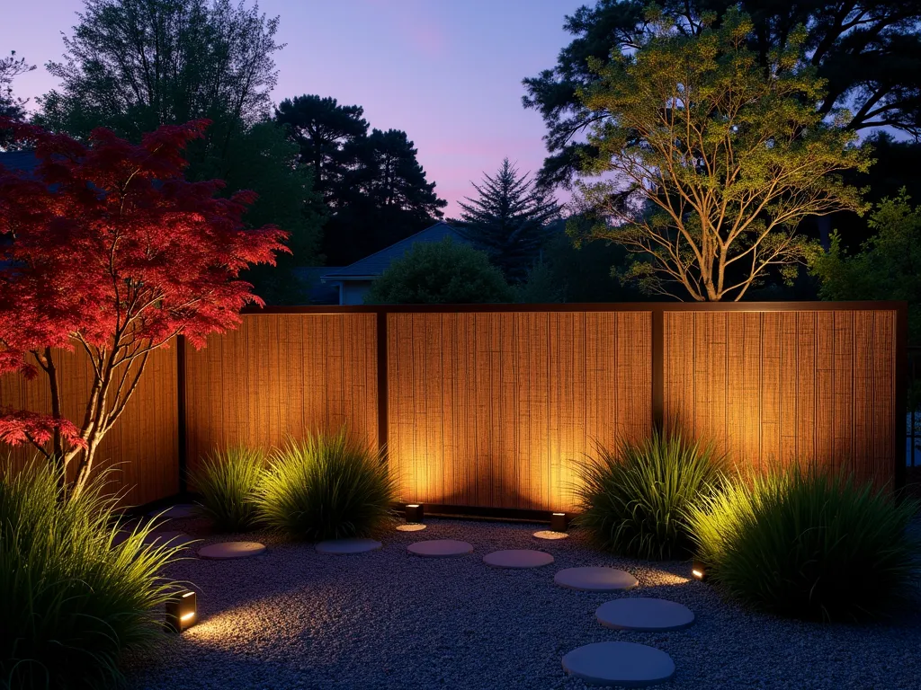 Illuminated Reed Screen at Dusk - A serene Japanese garden at dusk featuring a 6-foot tall natural bamboo reed fence screen illuminated by warm LED strip lighting, creating dramatic shadows and patterns. The fence spans 15 feet along a zen garden path, with small uplights integrated at the base. The reed screen casts intricate patterns on a raked gravel garden below, while Japanese maple trees and ornamental grasses are silhouetted against the dusky purple sky. Shot with a wide-angle lens at f/2.8, capturing the soft ambient glow and the textural detail of the reeds. Perspective shows both the entire fence length and intimate details of the illuminated reed patterns.