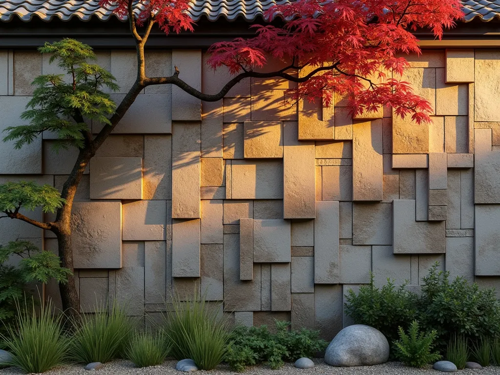 Japanese Clay Tile Garden Wall - A stunning close-up shot of a traditional Japanese garden wall crafted from repurposed ceramic roof tiles, photographed during golden hour. The weathered clay tiles in varying shades of earthen grays and browns are artfully arranged in an overlapping pattern, creating deep shadows and rich textures. Soft evening light catches the textured surfaces of the tiles, highlighting their aged patina and subtle imperfections. A carefully pruned Japanese maple provides a graceful accent with its delicate red leaves cascading against the rustic wall. The base of the wall features carefully placed river rocks and emerging tufts of ornamental grass, while climbing jasmine tendrils weave between tile sections. Shot with a DSLR camera at f/8, ISO 100, capturing the intricate details and dimensional qualities of this architectural element, 8K resolution, photorealistic quality.