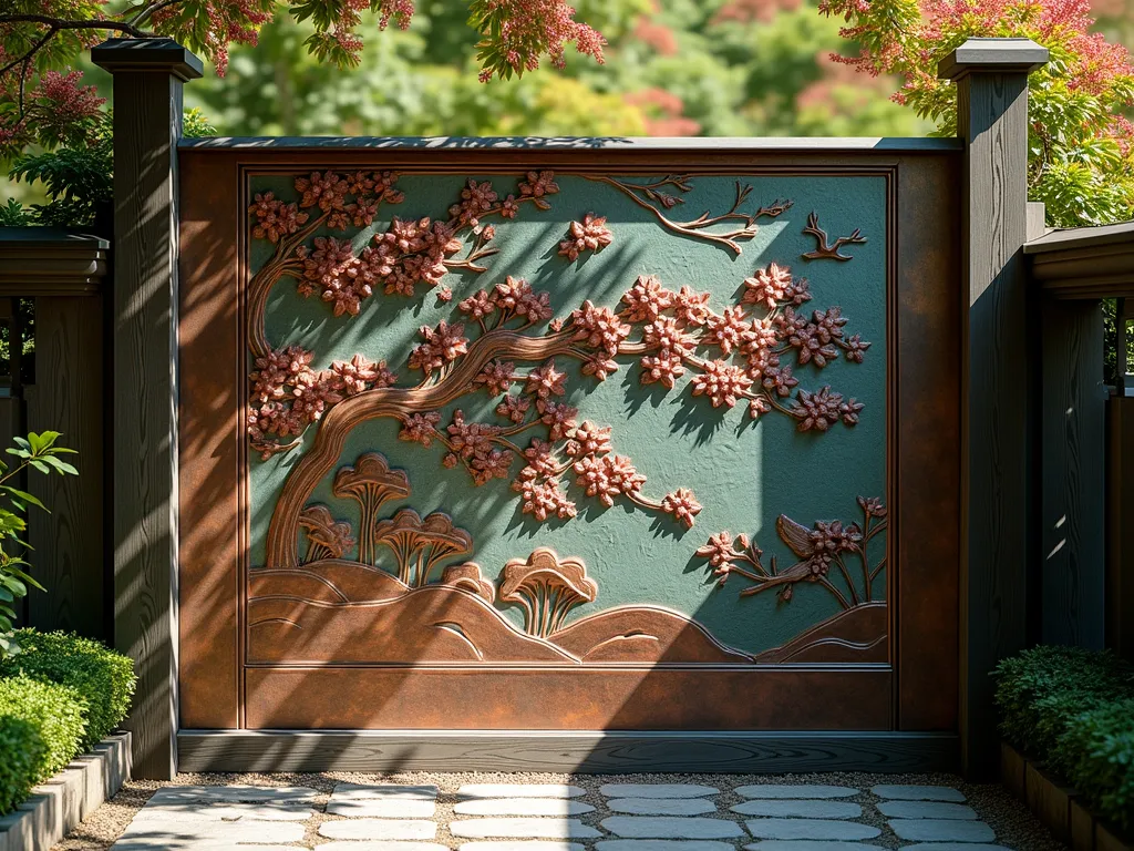 Elegant Japanese Copper Panel Garden Screen - A stunning close-up shot of a weathered copper panel fence screen in a Japanese garden, featuring intricate cherry blossom and crane motifs with a developing blue-green patina. The panel is mounted between dark wooden posts, with a backdrop of graceful Japanese maple trees casting dappled afternoon shadows. The copper screen's elaborate patterns create mesmerizing light patterns on the stone path below, while climbing wisteria vines delicately frame the top corners. Shot with a DSLR camera at f/8, capturing the rich textures and metallic warmth of the copper against the natural garden elements, with soft bokeh effect in the background.