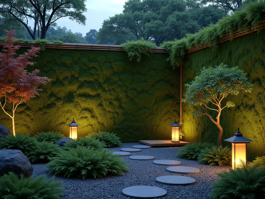 Tranquil Moss Wall Japanese Garden Fence - A serene wide-angle shot of a Japanese garden at dusk featuring a stunning 6-foot traditional bamboo and cedar fence with integrated living moss walls. The moss creates a lush, velvety green tapestry across the fence surface, with varying textures and depths. Gentle ambient lighting illuminates the moss wall, creating subtle shadows and highlighting its natural contours. In the foreground, traditional Japanese maples and ferns complement the moss wall, while stone lanterns cast a warm glow. A small meditation path of stepping stones leads alongside the fence, with wisps of evening mist adding atmosphere. The composition shows moisture droplets on the moss, emphasizing its role in maintaining garden humidity. Photorealistic, high detail, atmospheric lighting.