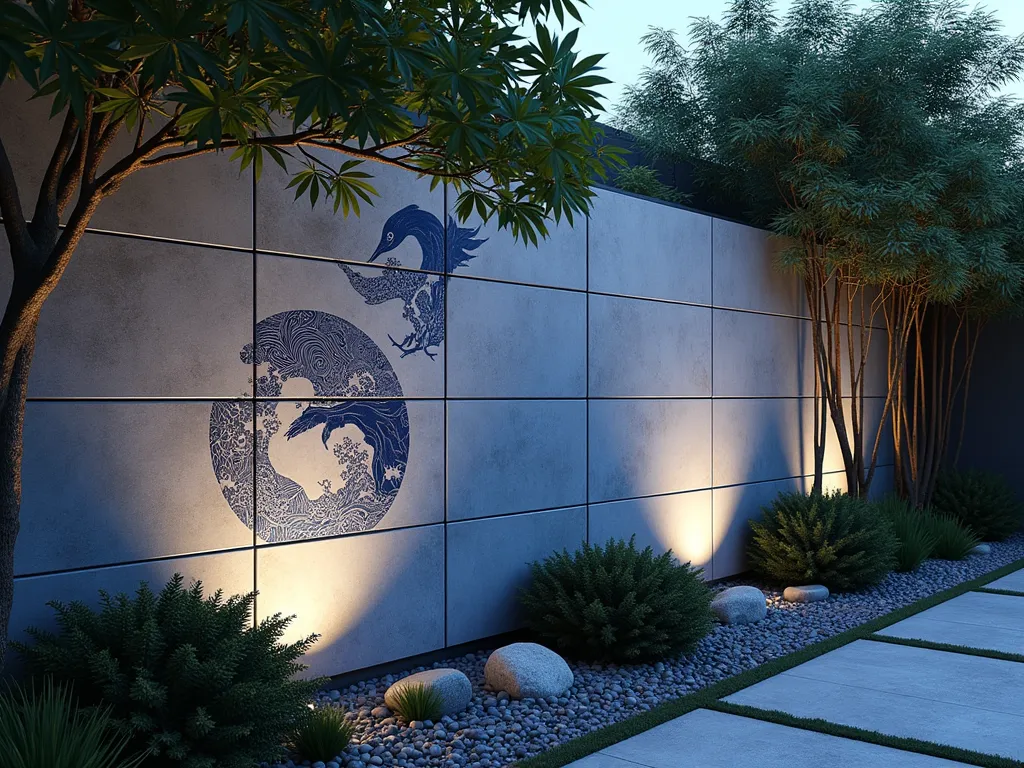 Modern Japanese Garden Porcelain Tile Wall at Dusk - A stunning close-up view of a contemporary garden fence wall at dusk, featuring large-format porcelain tiles with intricate Japanese wave and crane patterns in deep indigo blue and soft white. The tiles are artfully arranged in a modern grid pattern, illuminated by subtle landscape lighting that casts gentle shadows across the textured surface. Adjacent to the wall, a mature Japanese maple casts delicate shadows, while carefully placed river rocks and moss create a peaceful ground transition. The wall seamlessly integrates into a serene garden setting with bamboo elements in the background, creating a perfect balance between modern materials and traditional Japanese aesthetics.