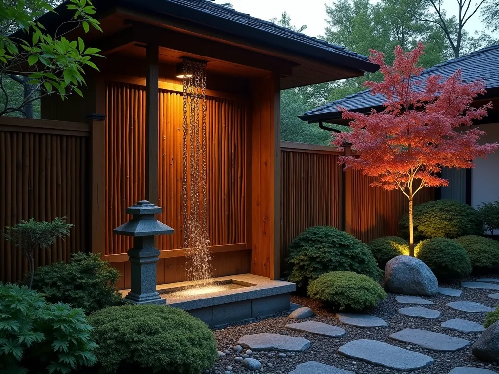 Japanese Garden Rain Chain Fence at Dusk - A serene Japanese garden at dusk featuring a beautifully crafted dark bamboo and cedar fence with an integrated copper rain chain (kusari-doi). The rain chain gracefully cascades down from a subtle roof overhang, connecting to a small stone basin surrounded by moss and ferns. Soft landscape lighting illuminates water droplets flowing down the decorative chain links, creating a mesmerizing display. The fence includes traditional vertical slats with horizontal bamboo accents, while Japanese maples cast delicate shadows. A stone lantern nearby provides ambient lighting, and carefully placed river rocks create a natural drainage path beneath the rain chain. The scene is captured at a 45-degree angle, showing both the architectural detail of the fence and the peaceful garden setting.