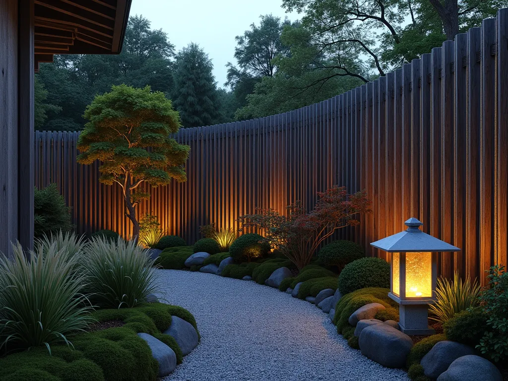 Serene Japanese Timber and Rope Screen at Dusk - A tranquil Japanese garden scene at dusk featuring an elegant fence made of vertical dark timber posts connected by intricately woven hemp rope in traditional Japanese style. The posts are evenly spaced and stand 6 feet tall, creating a semi-transparent boundary. Soft evening light filters through the gaps, casting gentle shadows on a winding gravel path. In the foreground, ornamental grasses and dwarf Japanese maples sway gently, while moss-covered stones add texture at the base. A stone lantern glows softly nearby, highlighting the natural patina of the wooden posts and the organic texture of the rope ties. The fence follows a gentle curve, photographed from a three-quarter angle to show both depth and detail, with subtle landscape lighting creating a warm, ethereal atmosphere.