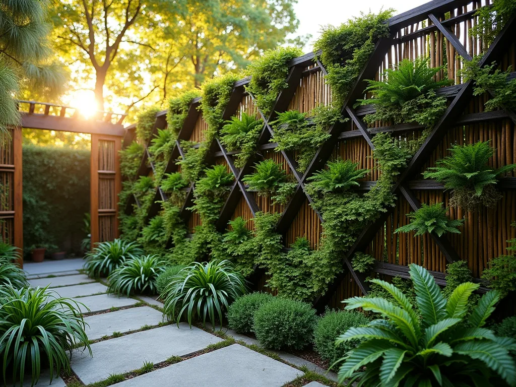 Japanese Living Wall Garden Fence - A stunning vertical garden fence system in a serene Japanese-style backyard, photographed during golden hour. The living wall features a cascading arrangement of Japanese forest grass, ferns, and moss, interwoven with delicate Japanese maple branches. The modular green wall system incorporates traditional bamboo latticing, creating geometric patterns filled with lush vegetation. Small clusters of dwarf mondo grass and Japanese holly ferns emerge from carefully positioned planting pockets. Soft evening light filters through the foliage, casting intricate shadows on the pathway below. Shot at f/2.8 with a 16-35mm lens, capturing the entire height of the 8-foot living wall while maintaining intimate detail of the varied textures and depths of the plantings.