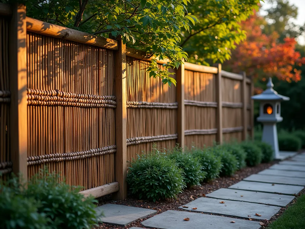 Woven Willow Garden Screen at Dusk - A stunning DSLR photograph of a beautifully crafted Japanese-inspired woven willow fence screen in a serene garden setting at dusk. The intricate basketweave pattern of natural willow branches creates a 6-foot-tall privacy screen, casting delicate shadows from the warm evening light. Behind the screen, Japanese maple trees and ornamental grasses add depth and texture. The willow screen's natural golden-brown tones contrast with the deep green foliage. A stone pathway leads alongside the fence, with soft landscape lighting illuminating the weave pattern. Captured with a wide-angle lens at f/8, showing the natural weathering of the willow and the organic textures of the tight weaving pattern. Soft bokeh in the background highlights a traditional stone lantern.