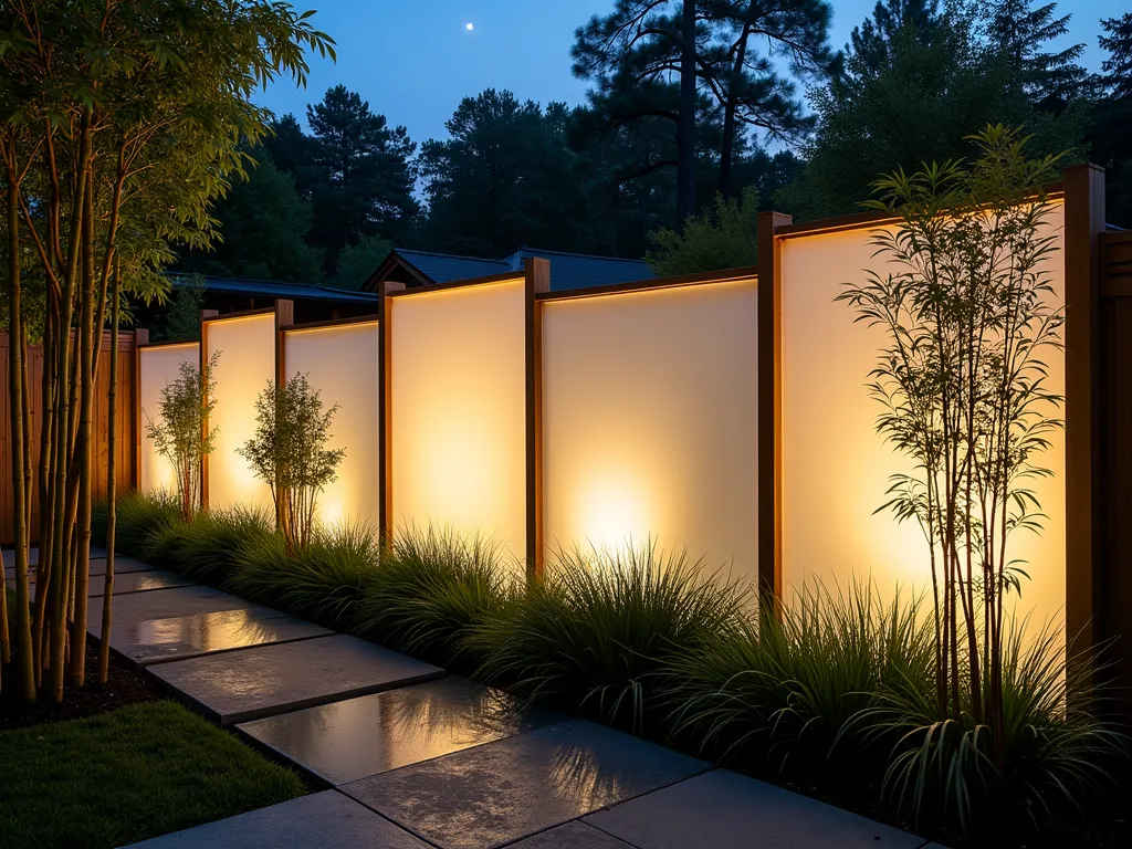 Modern Bamboo-Acrylic Garden Fence at Dusk - A serene Japanese garden at dusk, featuring a sophisticated fence design that combines natural bamboo poles with frosted acrylic panels, photographed with a 16-35mm lens at f/2.8, ISO 400. The 6-foot fence alternates between vertical bamboo sections and translucent acrylic panels that glow softly from garden lighting. Japanese maple and ornamental grasses cast elegant shadows on the illuminated panels. A zen stone pathway leads alongside the fence, while strategic uplighting creates dramatic shadows of bamboo plants against the acrylic sections. The composition is captured at a 45-degree angle to showcase both the fence's depth and its light-filtering properties, with the warm evening light creating a ethereal atmosphere.