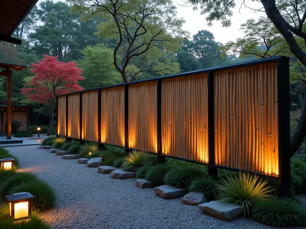 Modern Bamboo-Steel Fusion Garden Fence - A stunning dusk photograph of a contemporary Japanese garden fence featuring natural bamboo poles elegantly encased within minimalist black steel frames. The fence stretches across a meticulously landscaped Zen garden, captured with a wide-angle lens at f/2.8. Soft evening light filters through the bamboo sections, creating dramatic shadows on the gravel path below. Japanese maple trees and ornamental grasses frame the scene, while stone lanterns emit a warm glow. The industrial-meets-natural design showcases the perfect balance between modern architectural elements and traditional Japanese garden aesthetics. Shot with shallow depth of field to emphasize the textural contrast between smooth steel and organic bamboo patterns.