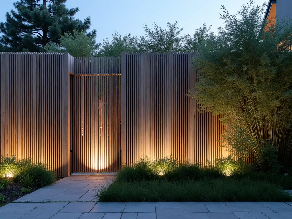 Modern Cedar Slat Privacy Screen at Dusk - A stunning contemporary Japanese garden fence featuring vertical cedar slats at dusk, photographed at a 45-degree angle. The elegant wooden screen, composed of thin, evenly-spaced cedar boards, casts dramatic shadows from subtle landscape lighting. The weathered silver-gray patina of the cedar contrasts beautifully with emerald bamboo plants behind it. Modern stone pavers lead to the fence, while ornamental grasses sway gently in the foreground. Soft evening light filters through the slat gaps, creating a mesmerizing interplay of light and shadow on the zen-inspired garden path. The minimalist design showcases clean lines and peaceful symmetry, typical of Japanese architectural elements.