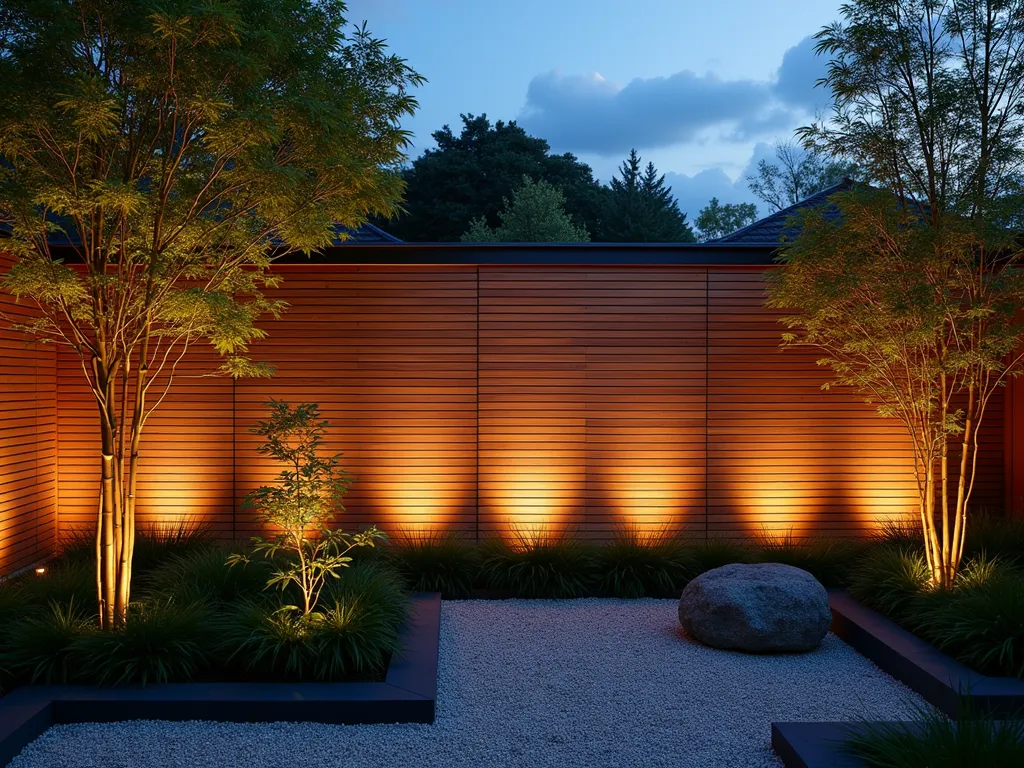 Modern Japanese Cedar Privacy Screen - A stunning dusk photograph of a contemporary Japanese garden featuring a sophisticated horizontal cedar slat privacy screen. The screen, composed of varying-depth cedar planks, casts dramatic diagonal shadows across a zen garden path. Soft uplighting illuminates the fence's texture, while Japanese maple and bamboo create organic silhouettes against the warm-toned wood. Shot at f/2.8 with a 16-35mm lens, capturing the interplay of natural and artificial light on the modernist interpretation of traditional Japanese design. Meticulously raked gravel and carefully placed stone elements complete the serene composition.