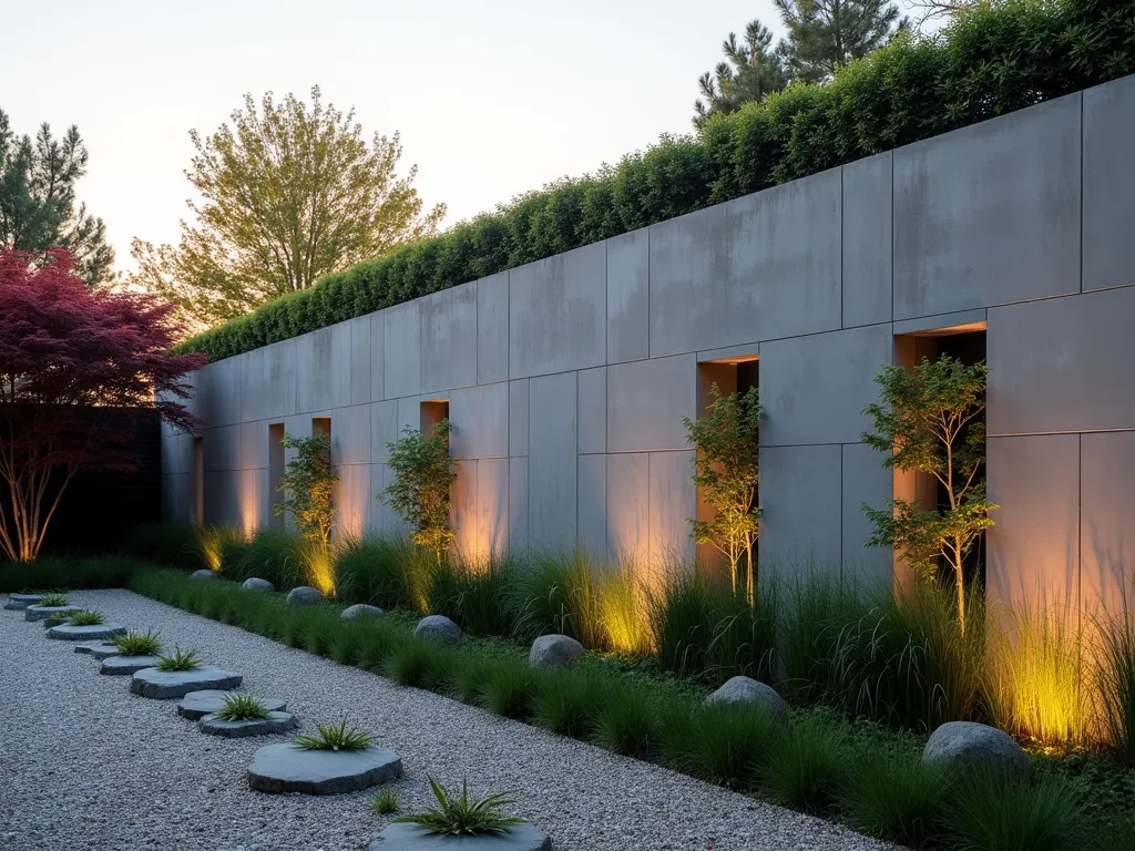 Modern Japanese Concrete Block Garden Wall - A stunning architectural photograph of a contemporary Japanese garden wall at golden hour, featuring sleek concrete blocks arranged in a precise geometric pattern. The minimalist grey wall, standing 6 feet tall, incorporates elegantly designed rectangular openings where cascading Japanese forest grass and dwarf bamboo emerge. The wall's surface catches the warm evening light, creating subtle shadows that emphasize its clean lines and modern aesthetic. In the foreground, a gravel path lined with carefully placed stepping stones leads to the wall, while strategically positioned Japanese maple adds a splash of deep burgundy color. Shot with a wide-angle lens at f/8, capturing the wall's full length while maintaining sharp detail of the integrated plantings and textural elements. Photographed from a 45-degree angle to showcase both the wall's linear design and the organic interaction between concrete and vegetation. Professional architectural lighting emphasizes the wall's geometric patterns and creates dramatic shadows during twilight.