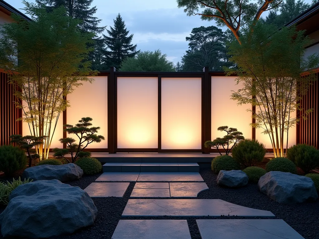 Modern Shoji-Style Garden Screen at Dusk - A serene modern Japanese garden at dusk featuring an elegant 8-foot-tall shoji-inspired fence with frosted polycarbonate panels set in dark wood frames. The fence creates a gentle divide in a zen garden space, with soft warm lighting behind the panels creating a ethereal glow. In the foreground, sculptural Japanese maples and carefully placed river rocks complement the design. The fence casts delicate shadows on a stone path while bamboo plants sway gently beside it. Wide-angle shot capturing the entire fence section with mood lighting and subtle garden elements.