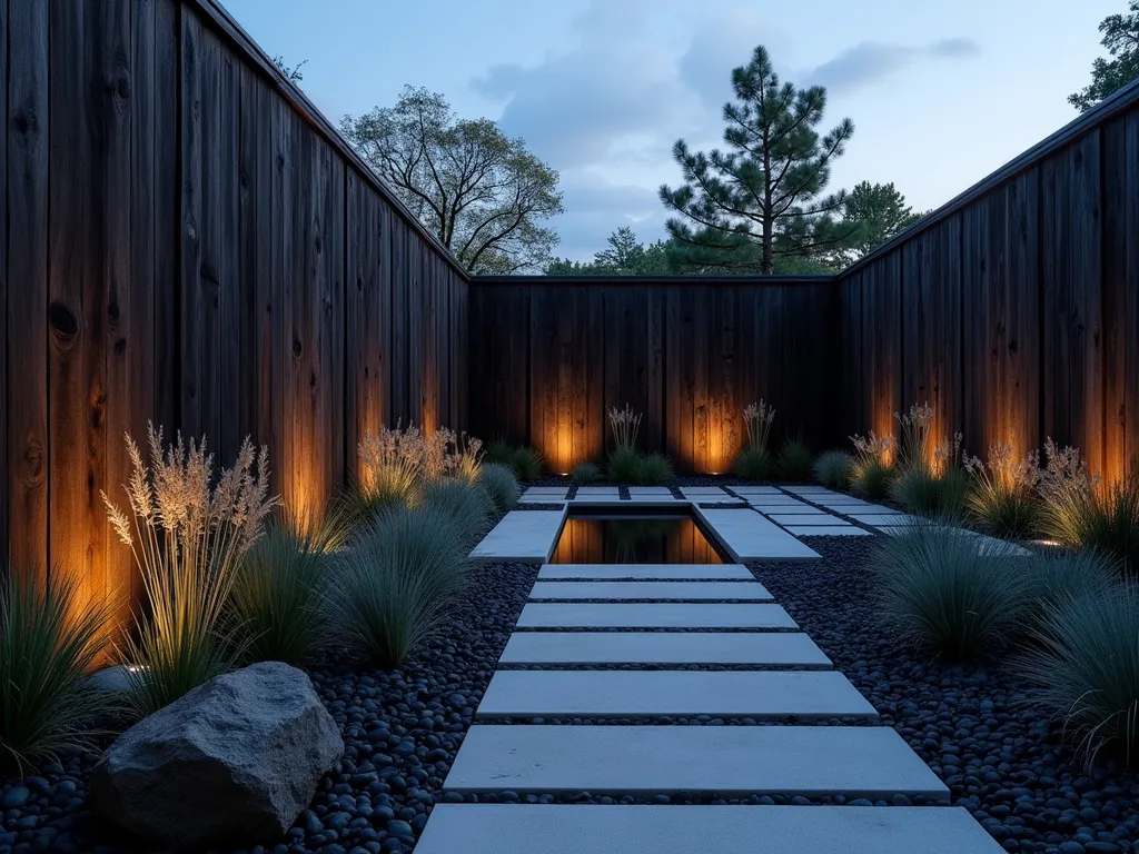 Modern Shou Sugi Ban Garden Screen at Dusk - A dramatic twilight photograph of a contemporary Japanese garden featuring a stunning Shou Sugi Ban privacy screen, shot at f/2.8. The charred black wooden panels, arranged in vertical sections, create a sophisticated geometric pattern with deep, textural contrasts. Soft landscape lighting illuminates the fence's weathered surface, highlighting its rich, dimensional character. In the foreground, a minimalist arrangement of black river rocks and silver-green Japanese forest grass sways gently. A sleek concrete path leads to a modern water feature that reflects the deep blues of dusk, while strategic uplighting casts dramatic shadows across the charred wood's surface. The composition is captured from a three-quarter angle to showcase both the fence's linear details and its relationship to the surrounding landscape design.