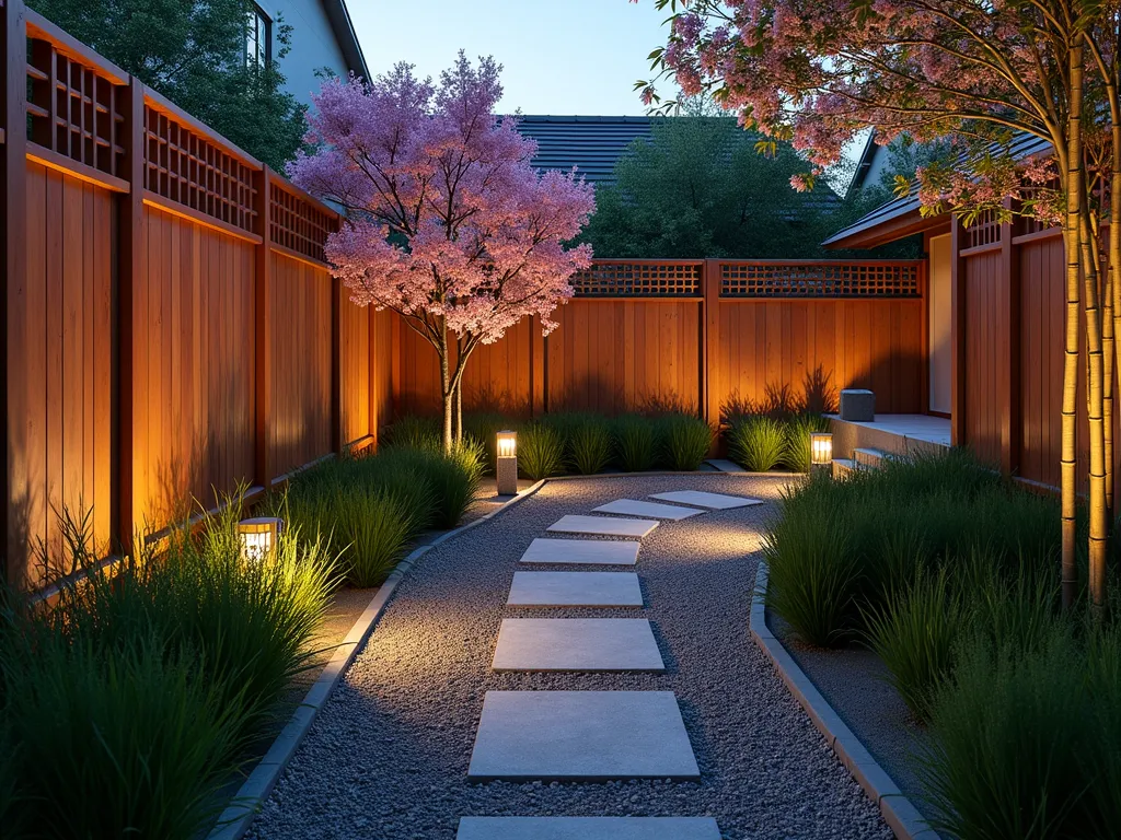 Modern Zen Composite Garden Fence - A serene Japanese garden at dusk featuring a sophisticated composite fence panel system in warm cedar tones. The 6-foot-tall panels are arranged in a geometric lattice pattern, casting elegant shadows on a gravel path lined with Japanese forest grass. The fence seamlessly integrates with mature bamboo plants and a flowering cherry tree. A modern interpretation of traditional Japanese design, photographed with natural lighting highlighting the wood-like grain texture of the composite material. Stone lanterns illuminate the scene while a small water feature creates peaceful ambiance. High-end architectural photography with sharp detail on the fence's contemporary finish and traditional patterns.