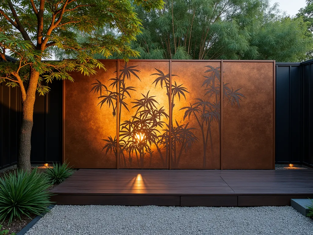 Modern Zen Metal Screen at Dusk - A serene garden scene at dusk featuring an elegant 8-foot-tall laser-cut metal panel screen with intricate Japanese wave and bamboo patterns. The weathered copper-toned finish catches the warm evening light, casting intricate shadows across a minimalist zen garden with raked gravel. A Japanese maple and strategic uplighting create a dramatic interplay of light and shadow through the decorative panels. The contemporary architectural screen seamlessly integrates with traditional Japanese garden elements, photographed with shallow depth of field highlighting the detailed metalwork against a soft-focused background of bamboo grove. DSLR capture, f/8, ISO 100, 1/125s, golden hour lighting.