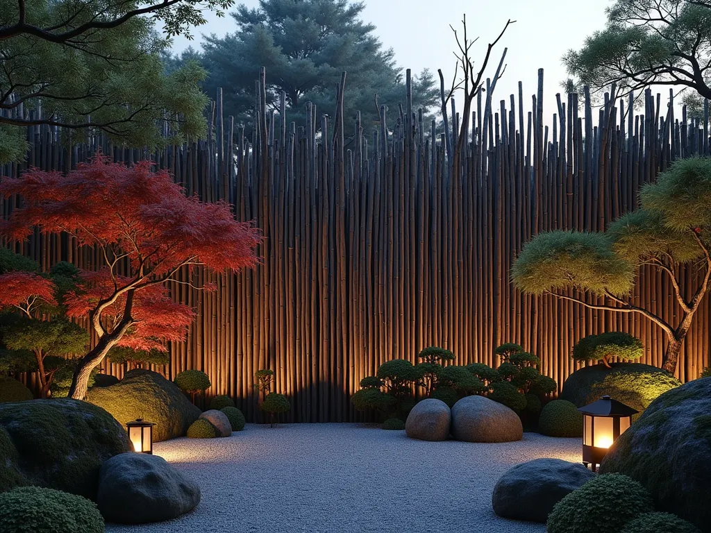 Zen Branch Screen at Dusk - A serene Japanese garden at dusk featuring a stunning natural fence screen made from arranged vertical branches of varying heights and thicknesses. The branches, carefully selected for their organic forms and textures, create a semi-transparent barrier that casts intricate shadows on a gravel path. Behind the screen, Japanese maple trees and ornamental bamboo sway gently, while moss-covered stones and carefully placed lanterns provide subtle ground lighting. The scene is captured from a wide angle, showing how the branch screen integrates seamlessly with the surrounding landscape. Shot with natural twilight illumination, emphasizing the interplay of light and shadow through the branches. 8K, hyper-realistic, architectural photography, premium quality.