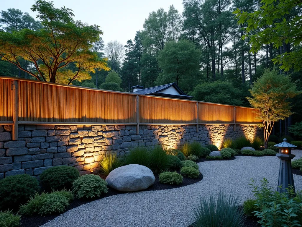 Zen Garden Stone and Bamboo Fence at Dusk - A serene Japanese garden at dusk featuring a stunning hybrid fence where rustic stacked stone wall, approximately 3 feet high, is crowned with elegant bamboo screening panels. The natural gray stones are artfully arranged in a traditional dry-stack pattern, while the top bamboo section, standing 4 feet above the stone, is crafted in a horizontal Ginkgo-gumi pattern. Soft evening light casts gentle shadows through the bamboo onto a winding gravel path. Japanese maples and ornamental grasses soften the fence line, while a stone lantern provides subtle illumination. Shot from a wide angle perspective showing the fence's integration with the surrounding landscape.