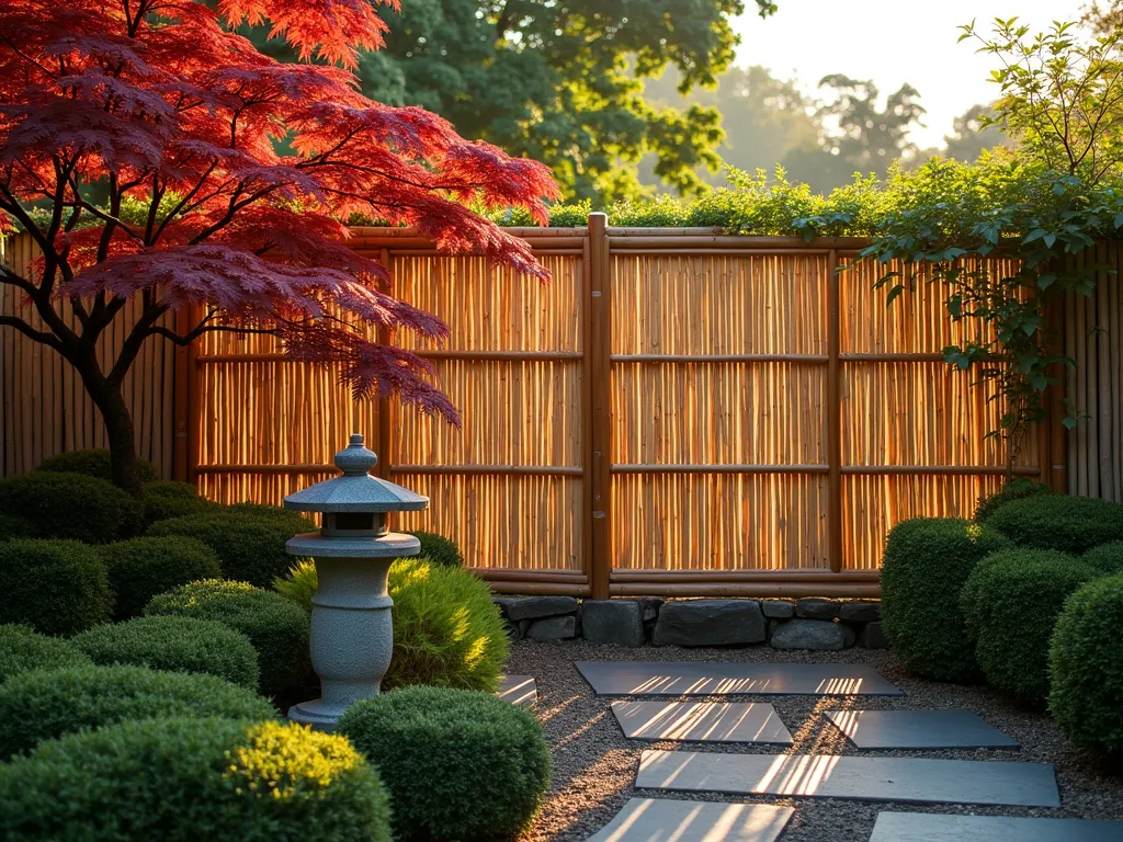 Sunlit Bamboo Reed Garden Screen - A serene Japanese garden scene at golden hour, featuring an elegantly woven split bamboo reed fence screen, photographed at f/8. The natural bamboo screen, standing 6 feet tall, filters the warm evening light creating intricate shadow patterns on a stone pathway below. In the foreground, a carefully manicured Japanese maple adds a pop of deep red, while ornamental grasses sway gently beside the fence. The bamboo reeds are meticulously woven in a traditional horizontal pattern, their natural honey-gold color complementing the surrounding landscape. A stone lantern sits quietly in the corner, and climbing jasmine begins to intertwine with the top of the screen. The composition is captured from a slight angle to showcase both the texture of the bamboo weave and the peaceful garden space it encloses. Shot with a wide-angle lens to capture the full context of the garden setting.