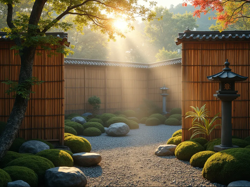 Elegant Bamboo Gaki Garden Fence at Dawn - A serene wide-angle view of a traditional Japanese garden at dawn, featuring a meticulously crafted bamboo gaki fence as the focal point. The fence, composed of natural bamboo poles of varying heights, is bound together with intricate black twine patterns in the authentic Japanese style. Morning mist gently hovers over a moss garden with carefully placed granite stones, while Japanese maple trees cast delicate shadows through the bamboo fence. A stone lantern sits quietly in the foreground, and climbing wisteria vines gracefully weave through parts of the fence. The golden morning light filters through the bamboo slats, creating mesmerizing shadows on the gravel path below. Soft focus, atmospheric lighting, photorealistic, 8k resolution.