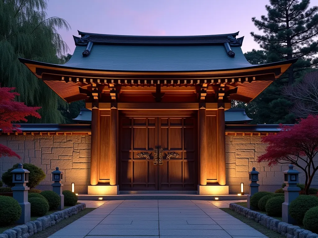 Traditional Daimyo Gate at Twilight - A majestic Japanese Daimyo-style wooden gate at twilight, featuring a dramatic curved copper roof with upturned edges and intricate wooden joinery. The imposing 12-foot-tall structure is flanked by natural stone walls and mature bamboo groves. A smaller wooden wicket door is nestled within the main gate, adorned with traditional metal hardware. Soft landscape lighting illuminates the ancient-looking wooden beams and posts, creating dramatic shadows. Stone lanterns line the approach path, while Japanese maples with deep burgundy leaves add color contrast. The scene is captured from a low angle perspective, emphasizing the gate's grandeur against a dusky purple sky.